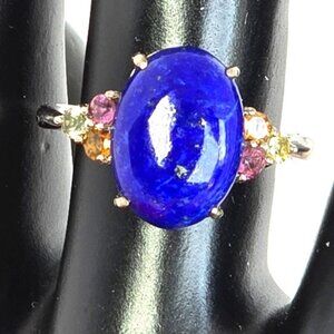 925 Sterling Silver Ring 7.75 with Natural Lapis Lazuli & Tourmaline Gems